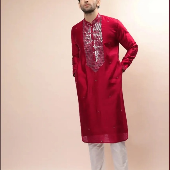 Red Silk Kurta Set | Abhinav Mishra design - Picture 2 of 6